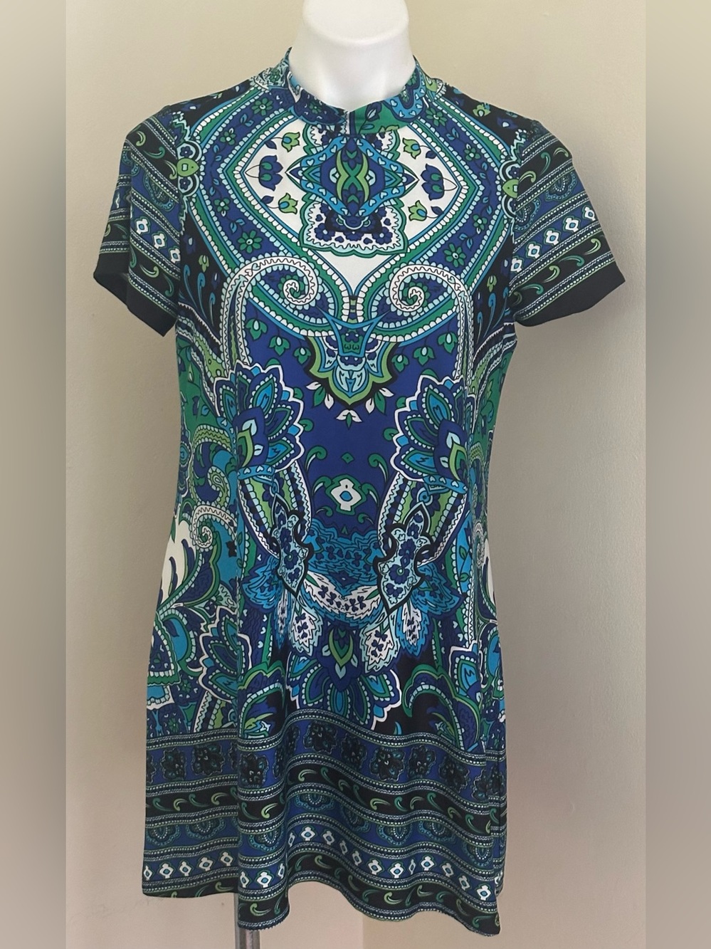 MELISSA PAIGE Blue Green Black & White Paisley Short Sleeves Dress Sz L